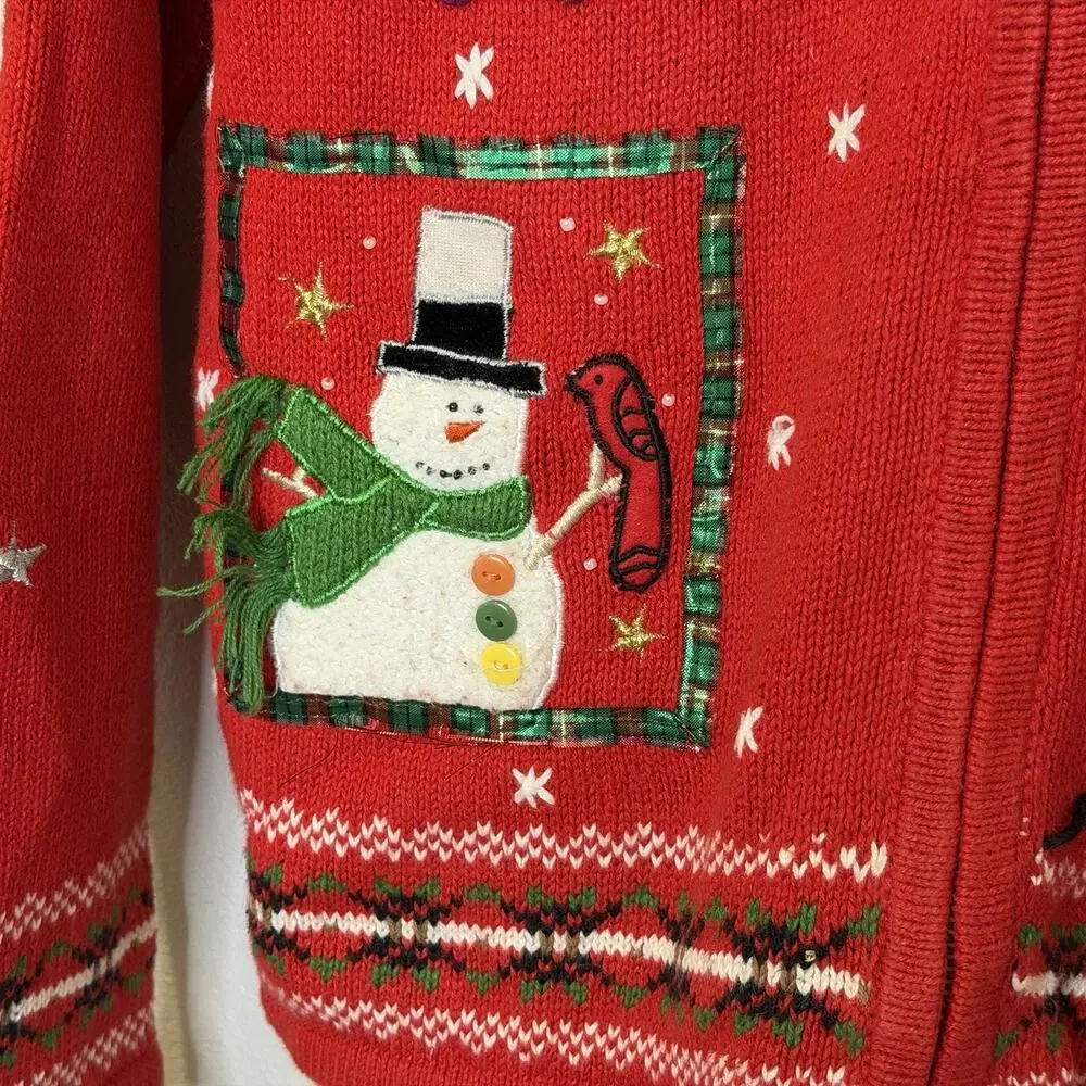 Designers‎ Originals Studio Joy Christmas Sweater Cardigan Sz PS Red Snowman Zip